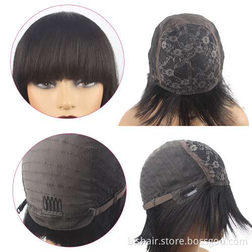 Straight Bob Human Hair Wigs With Bang No Lace Full Machine Made Wigs Brazilian Remy Human Hair Bob Wigs For Woman 8-16 inch
